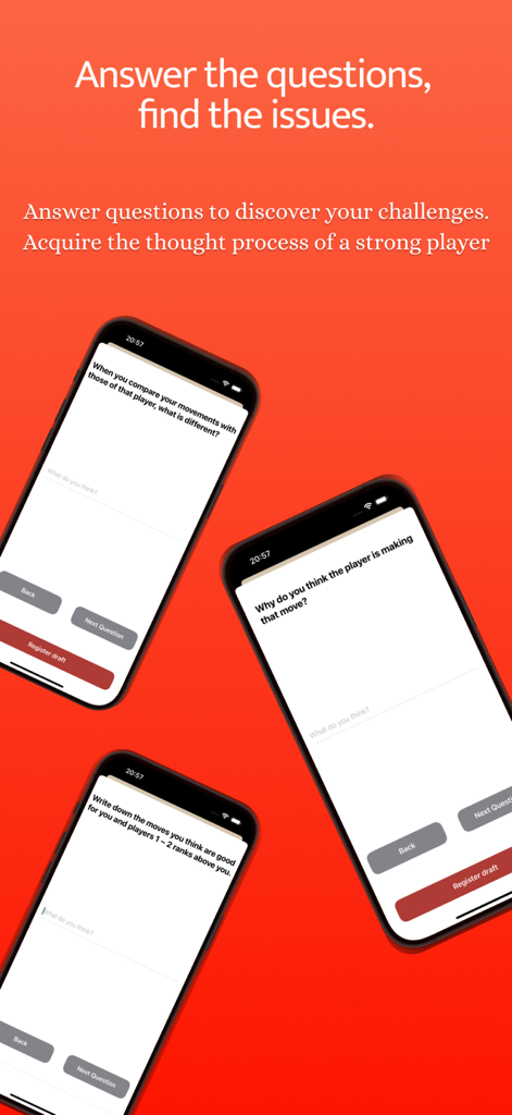 Trai Video/Sports Self-Review - モバイルアプリのインターフェース。アスリートの自己分析とパフォーマンス向上のための、ガイド付きスポーツレビュー質問が表示されている。