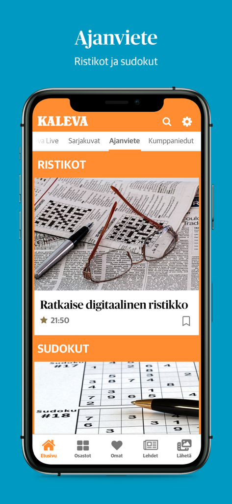 Écran de l'application d'actualités Kaleva affichant des mots croisés numériques et des puzzles sudoku en finnois.