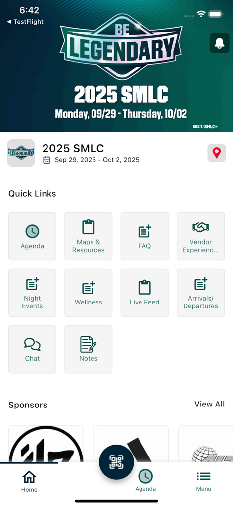 The home screen of the DSG Events app featuring the 2025 SMLC event dashboard with quick links for agenda maps and resources