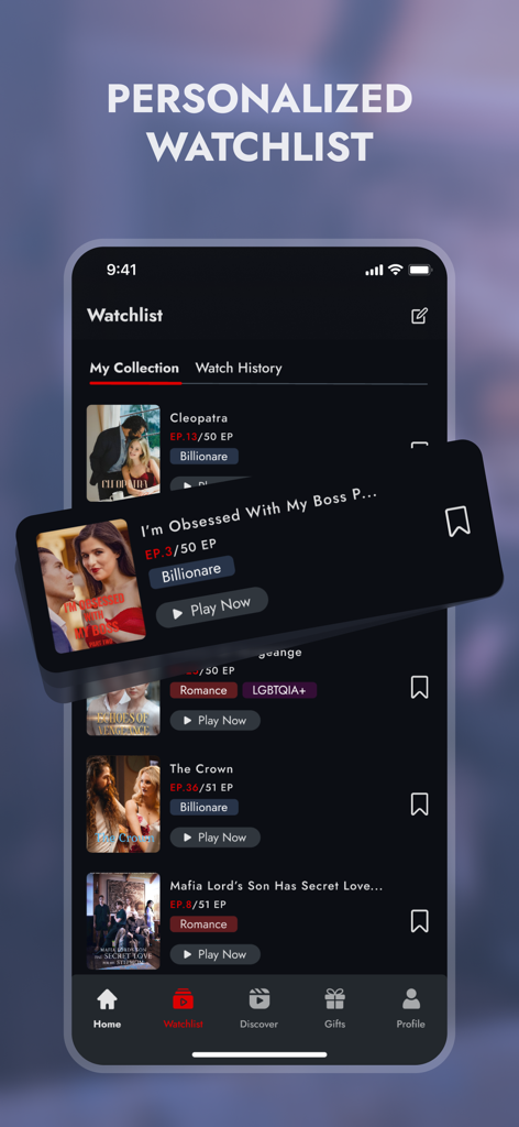 Drama One - Reel Shorts TV - A mobile screen showing the personalized watchlist feature in the Drama One app with various short drama series listed.