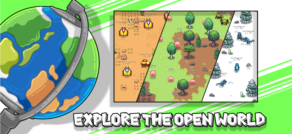 Curse of Aros - Collage de arte de píxeles de diferentes biomas en Curse of Aros, incluyendo regiones desérticas, boscosas y nevadas