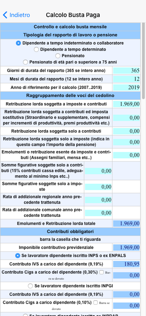 Captura de pantalla de la aplicación Busta Paga que muestra un formulario detallado para calcular los impuestos de nómina italianos y las cotizaciones a la seguridad social.