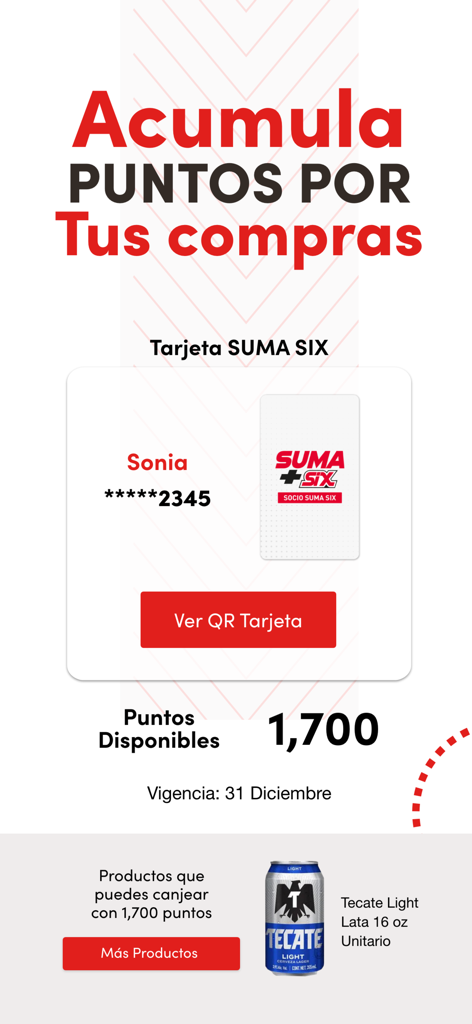 Suma Six - Pantalla de la aplicación Suma Six mostrando el saldo de puntos de lealtad y la tarjeta de miembro digital.