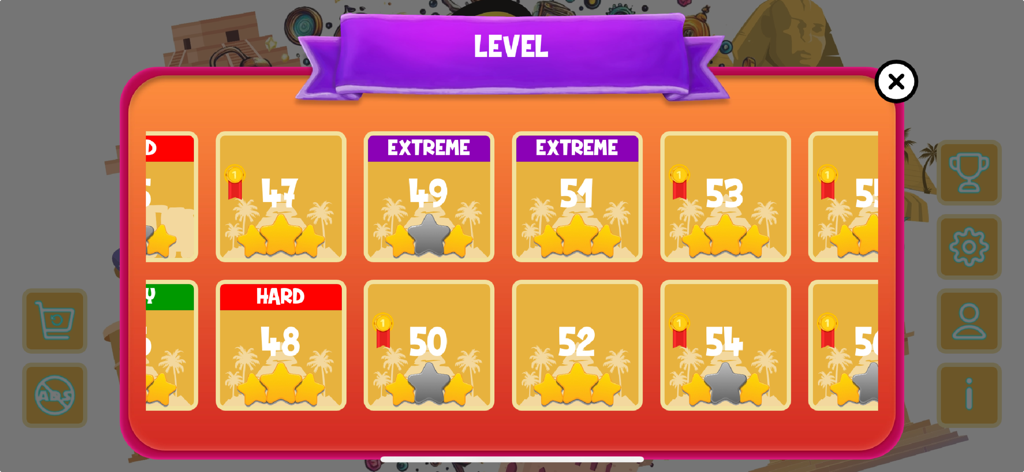 Pang In Time - Level selection menu in Pang In Time showing stages 45 to 56 with star ratings and an Egyptian background.