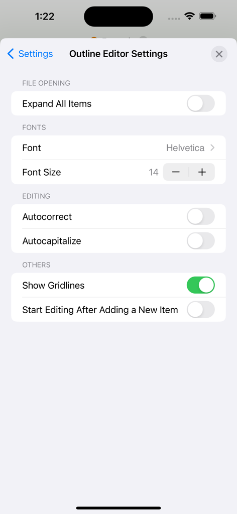JSON Editor Mobile - JSON Editor Mobile 개요 편집기 설정 화면으로, 글꼴 및 편집 사용자 지정 옵션 표시