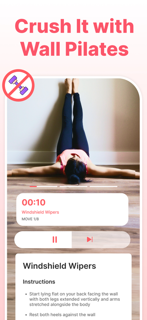 SheFit: Home Workout for Women - A woman performing a Wall Pilates exercise called Windshield Wipers on the SheFit app with instructions and a workout timer.