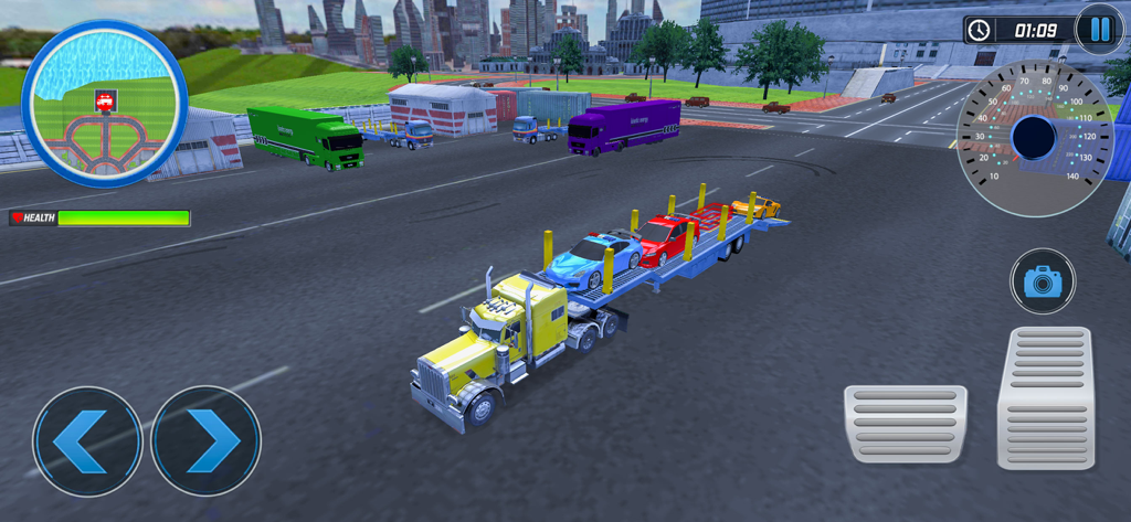 Dream Police Truck Transporter - A yellow police truck transporting cars in a city environment.