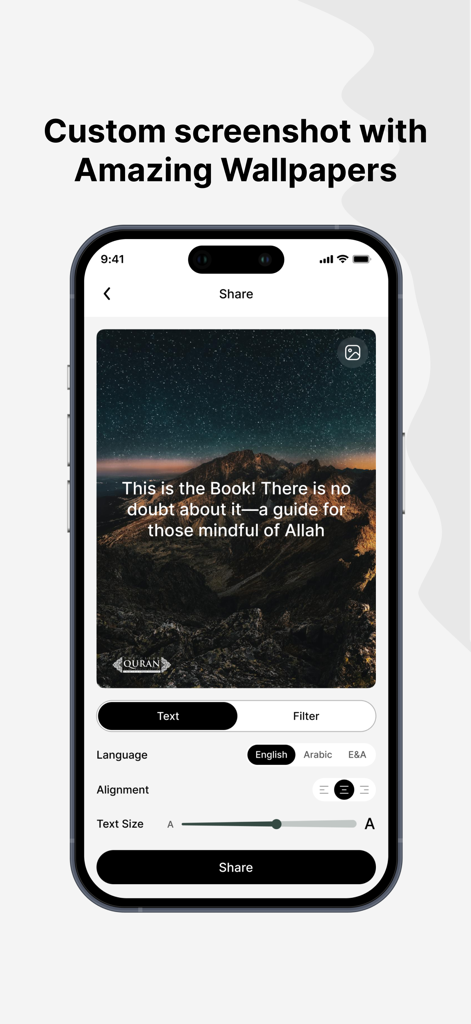 The Clear Quran® - Interfaz de la aplicación El Corán Claro para crear fondos de pantalla personalizables para compartir versos con paisajes montañosos.