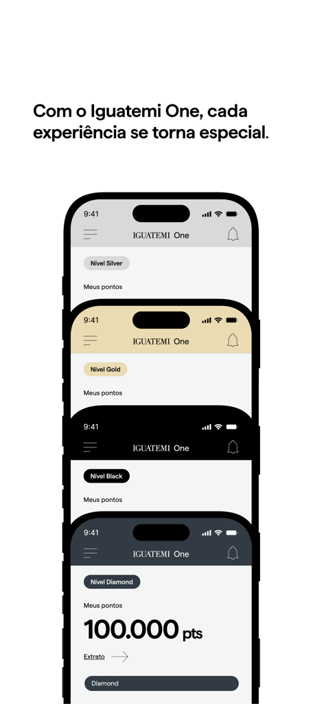 Interfaz de la aplicación Iguatemi One que muestra los niveles de membresía Plata, Oro, Negro y Diamante