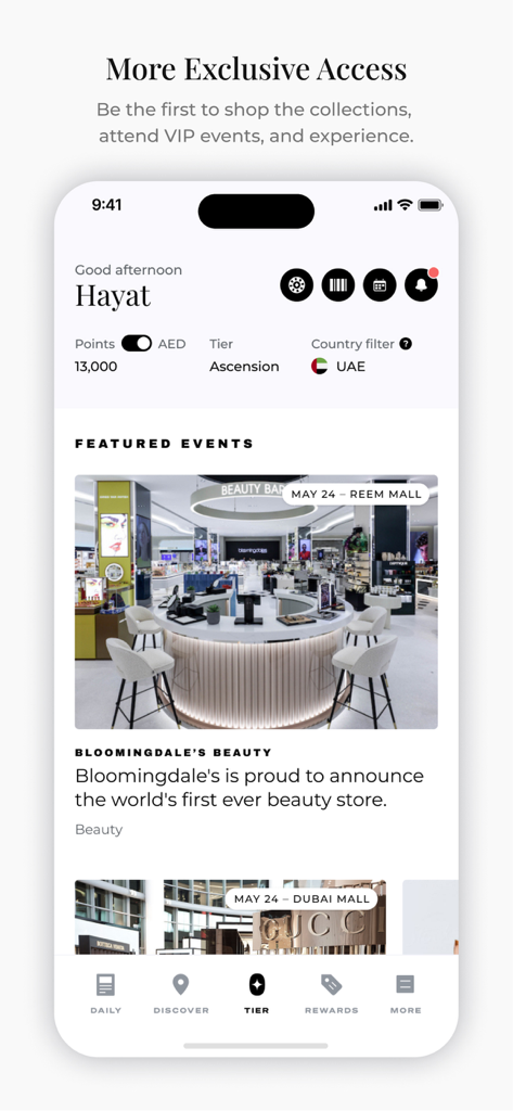 Amber - Amber luxury loyalty app interface showing user points and exclusive retail events