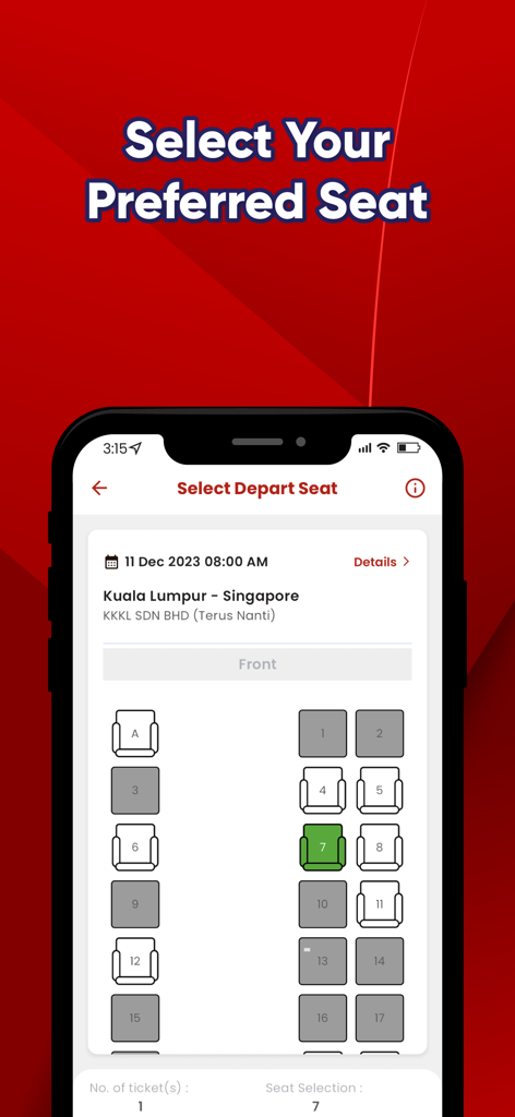 KKKL Travel and Tour - KKKL Travel app seat selection screen for a bus trip from Kuala Lumpur to Singapore.