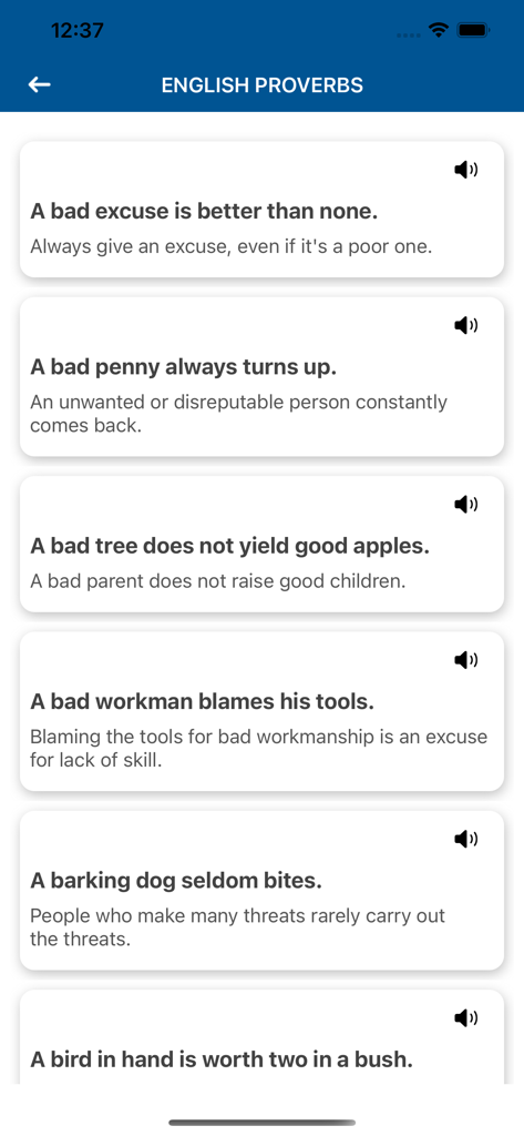 A list of English proverbs and their meanings in the Advance English Dictionary app