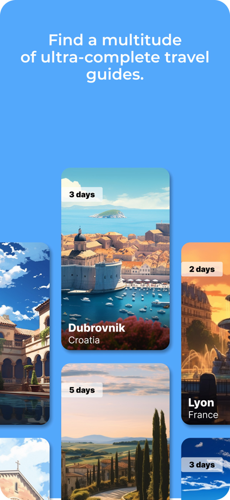 Henri Trip - Guide interactif - Interface montrant plusieurs cartes de guides de voyage interactifs pour des destinations comme Dubrovnik et Lyon