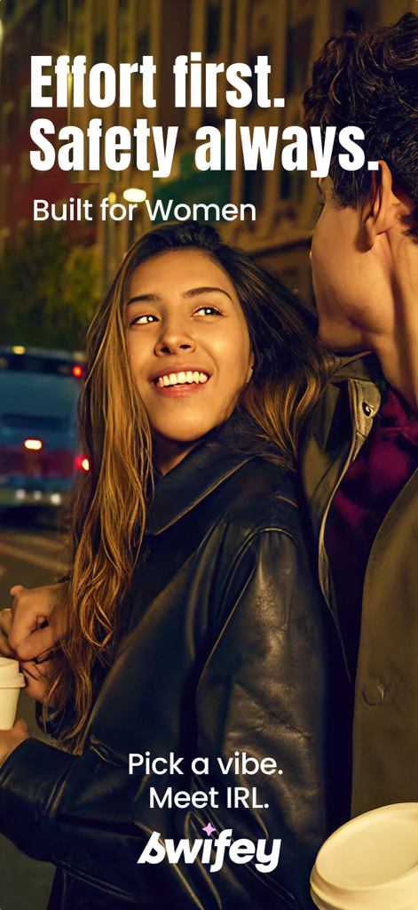 A smiling woman on an IRL date in the city with text describing Swifey as built for women with a focus on effort and safety