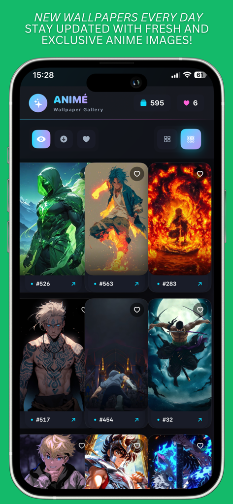 Anime Wallpaper live 4k - Anime wallpaper app interface showing a gallery of high-quality characters on iPhone.