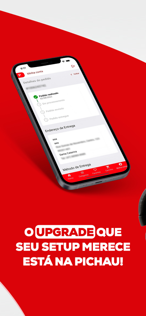 Smartphone screen showing order tracking and delivery status on the Pichau hardware shopping app