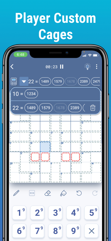 Killer Sudoku by Logic Wiz - Smartphone screen showing the player custom cages feature in the Killer Sudoku by Logic Wiz app