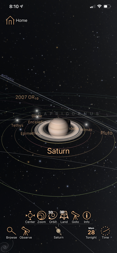 Luminos - Una visualizzazione 3D di Saturno e delle sue lune nell'app di astronomia Luminos