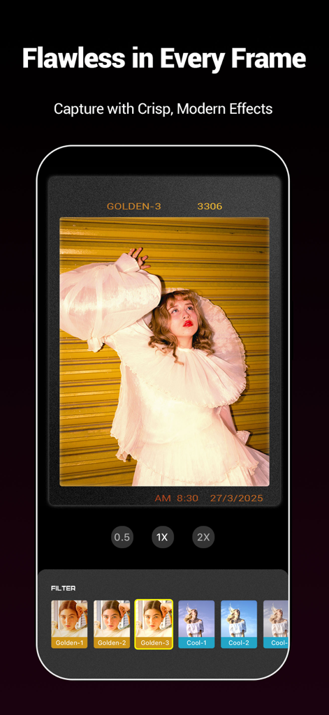 Smartphone screen displaying VizoCam app with a vintage golden filter applied to a photo of a woman