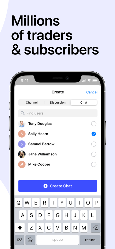 Pantalla de smartphone mostrando la interfaz de la aplicación MQL5 Channels para crear un nuevo chat con una lista de contactos de traders.