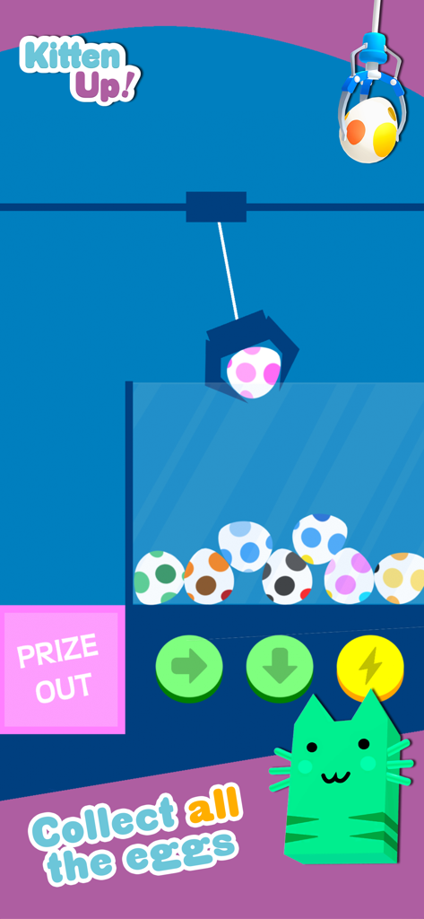 Uma máquina de garra virtual pegando um ovo rosa com pintas no jogo mobile Kitten Up para desbloquear novas skins de gatinho.