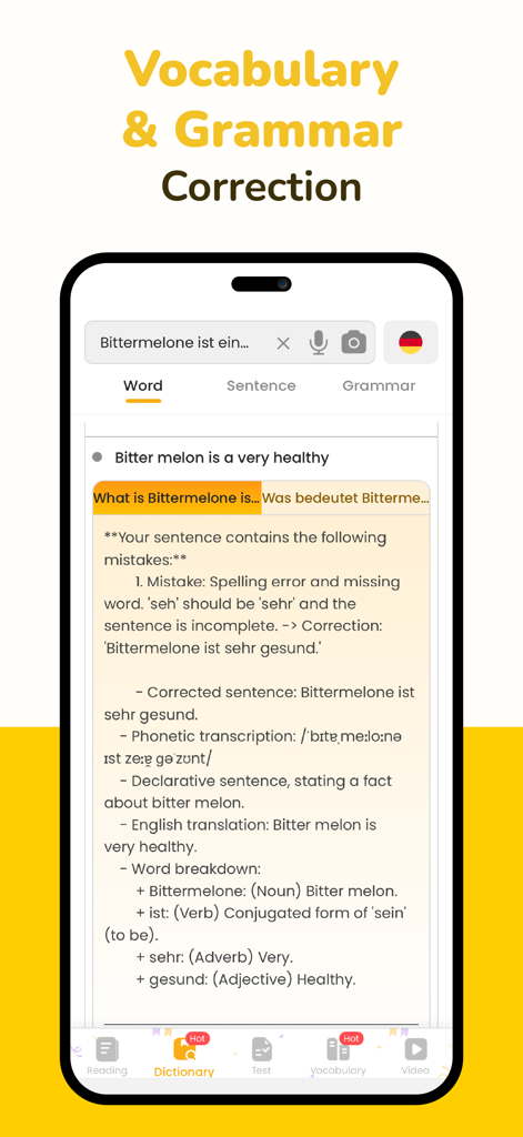 Todaii: Learn German A1-C1 - A smartphone display showing a detailed German grammar and vocabulary correction feature within the Todaii app.