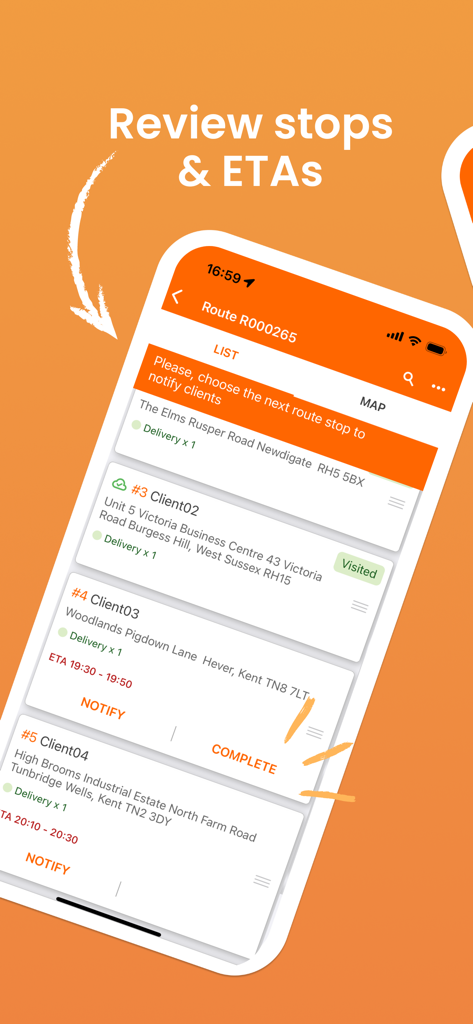 Interface de l'application mobile Track-POD affichant une liste d'arrêts de livraison avec les adresses des clients et les heures d'arrivée estimées.