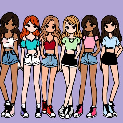 a group of girls wearing crop tops and shorts