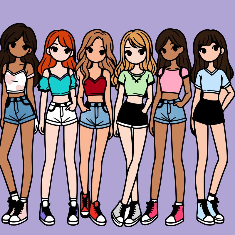a group of girls wearing crop tops and shorts