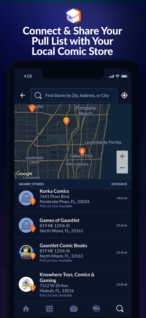 Comic Geeks App-Oberfläche, die eine Suche nach lokalen Comic-Läden und die Funktion zur Synchronisierung der Abo-Liste anzeigt.