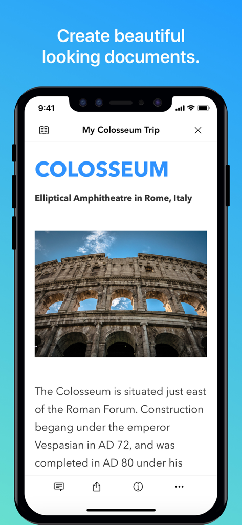 Zoho Writer - Document Editor - Zoho Writer mobile app interface showing a formatted document with a Colosseum photo