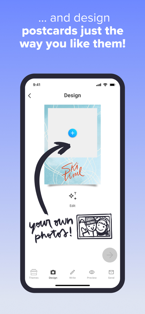 Interface utilisateur de l'application MyPostcard montrant comment ajouter vos propres photos à un modèle de carte postale personnalisé.