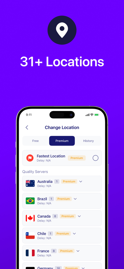 VMP™: Fast Unlimited VPN Proxy - VMP VPN app interface showing a list of premium global server locations including Australia, Brazil, and Canada.