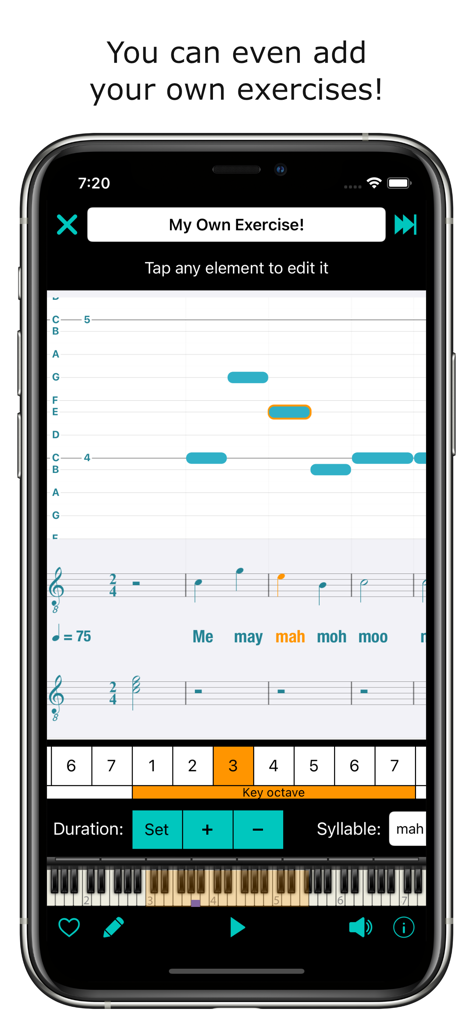 Interface do aplicativo Erol Singers Studio mostrando o editor de exercícios vocais personalizados com notação musical e teclado de piano