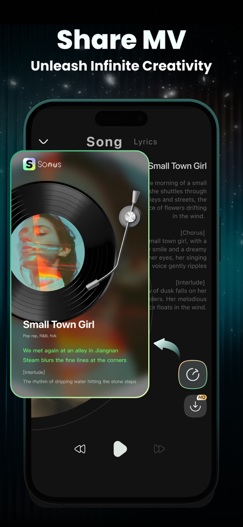 Sonus AI Song Music Generator - Smartphone screen of Sonus AI app showing the Share MV feature with a song titled Small Town Girl and its lyrics.