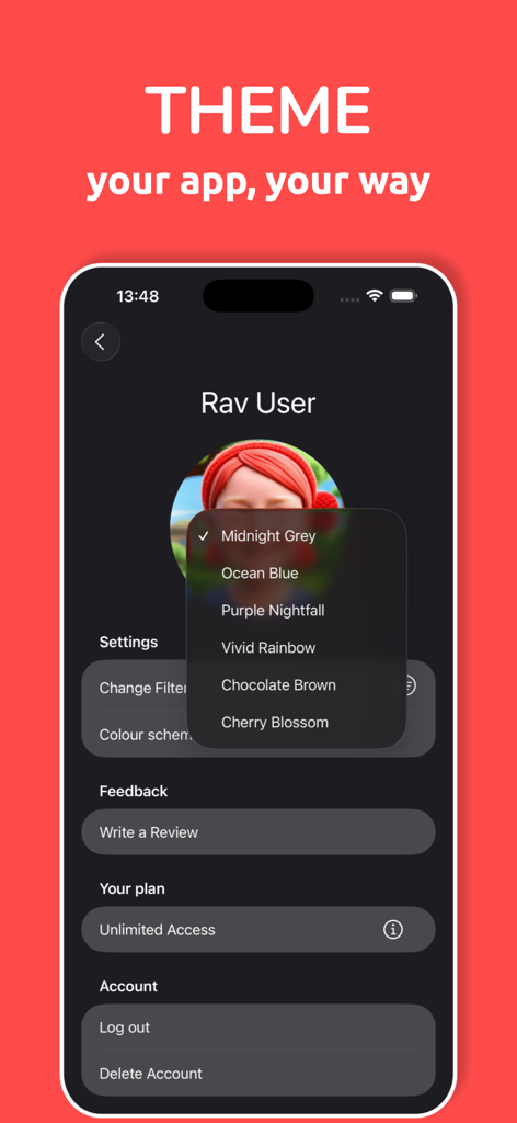 Crochet Patterns: Ravelgurumi - A smartphone display showing the theme customization settings within the Ravelgurumi app including options like Midnight Grey and Ocean Blue.