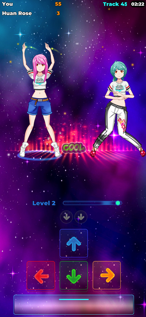 J-pop Dancing: Tap Dance Game - 宇宙をテーマにした背景で、方向矢印コントロールを備えたJ-POPリズムダンスゲームで競い合う2人のアニメの女の子。