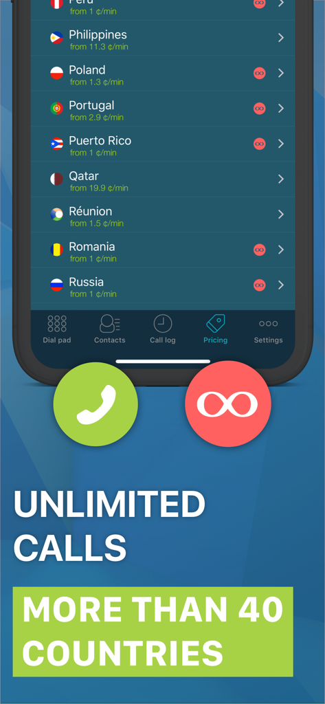 Callbacker app interface showing a list of international countries with low calling rates and unlimited call options.