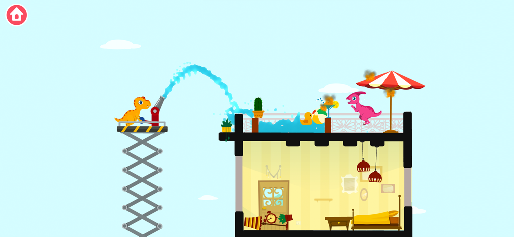 An orange dinosaur on a lift spraying water from a hose to put out a fire on a rooftop to rescue a pink dinosaur