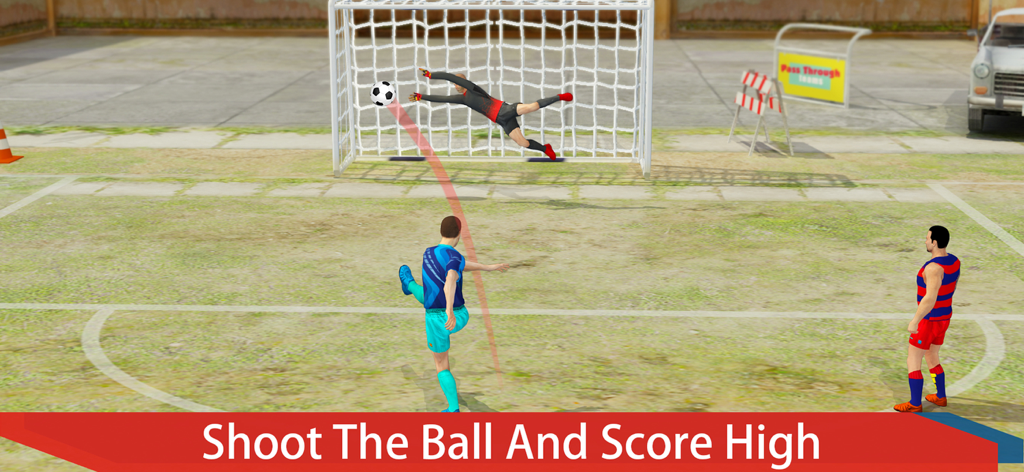 Street Soccer Cup 2026 - Un futbolista patea el balón hacia una portería con un portero lanzándose en un partido de fútbol callejero.