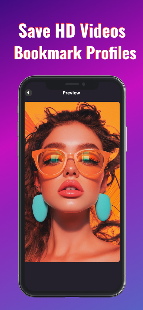 TikPro : Save Tik Videos - TikPro app interface showing a high definition video preview with options to save videos and bookmark profiles