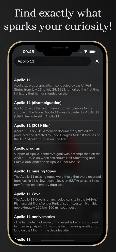 WikTok - Interface de pesquisa do aplicativo WikTok mostrando múltiplos resultados para Apollo 11