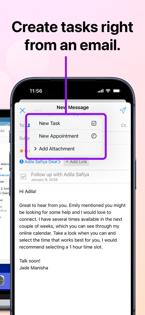Daylite - Mail, Calendar, CRM - Daylite app on iPhone showing a menu to create a new task or appointment directly from an email message
