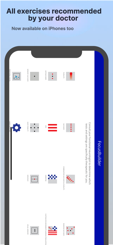 Focus Builder app main menu displaying clinical eye exercises for functional neurology on an iPhone screen.