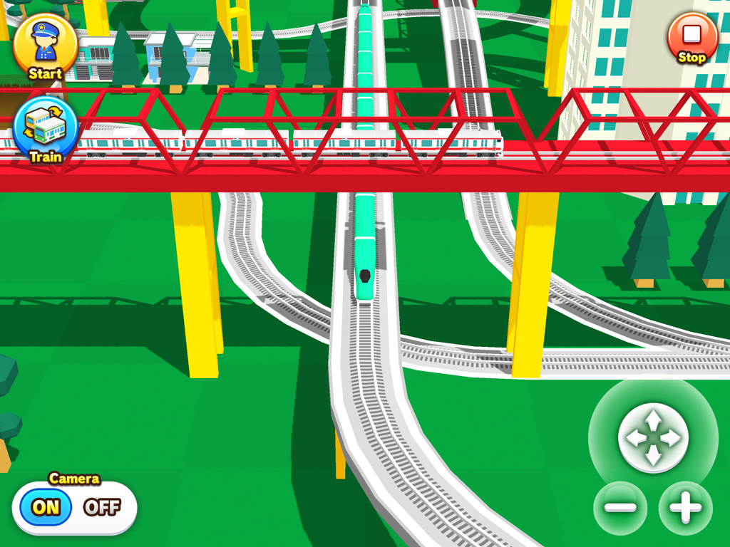 Train Go for iPad - Uma cena ferroviária 3D colorida com trens atravessando uma ponte vermelha no aplicativo Train Go para iPad