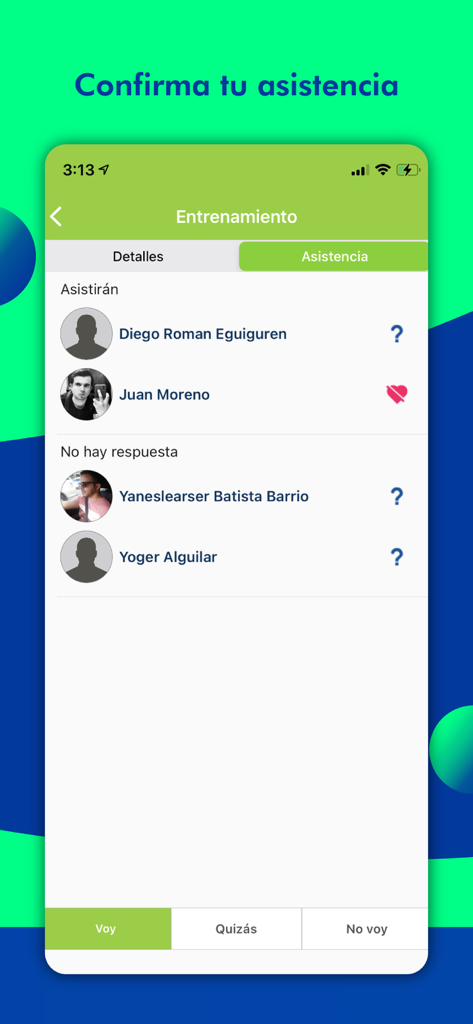 Pelotea - Pelotea app screen showing soccer training attendance list and player RSVP options