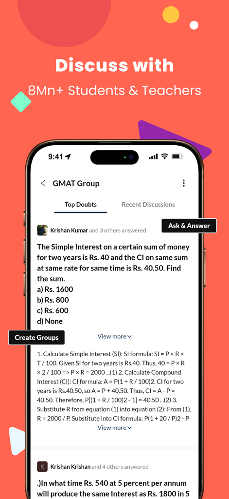 学生が数学の問題について議論しているGMAT試験対策アプリのソーシャル学習機能が表示されたモバイル画面