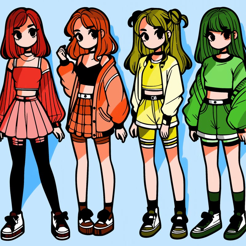 one girl with crop-top shirt and a jacket with a skirt, long socks and another girl with a shirt and pants with a jacket