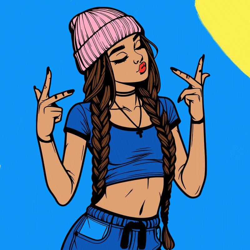 realistic teenage girl with braids and a beanie and crop top doing 🫶🏼