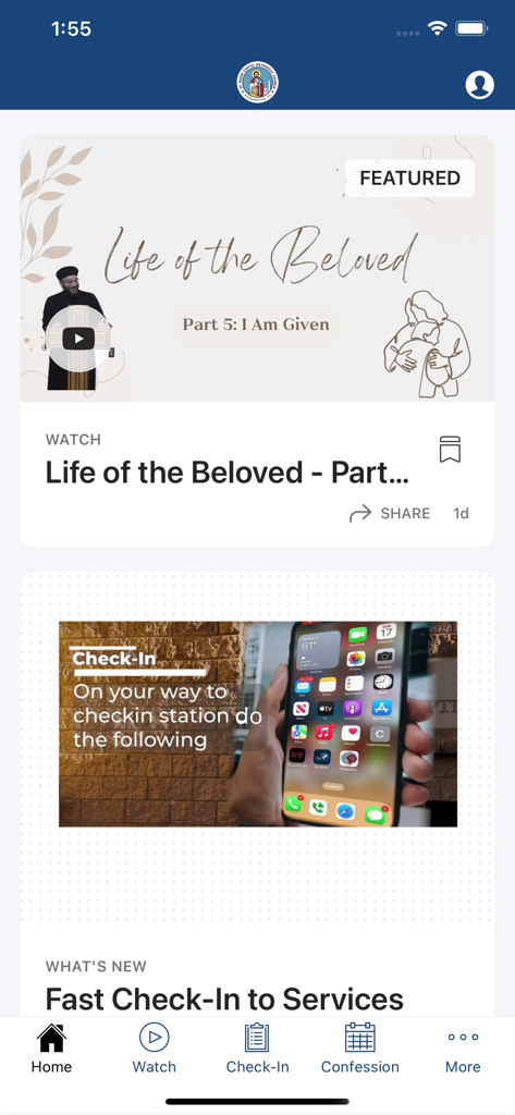 St Mark DC - St Mark DC app home screen featuring spiritual content videos and service check in options